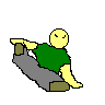 Pixelated yellow figure in green shirt and gray pants performs a sequence of stretching poses against solid light gray background.