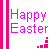 A 4-frame animated contact sheet showing a pixelated 'Happy Easter' text design with changing colored block patterns below the text on white backgrounds bordered by vertical pink and green stripes.