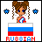 Pixel art contact sheet showing two animated frames of a cartoon girl with brown braided hair and blue eyes standing behind a Russian flag, with stars changing color between frames.