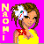 Pixelated cartoon-style icon of a woman with brown hair wearing a white flower accessory and yellow top against bright pink background, with vertical text on left side.