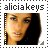 Alicia Keys' face in a pixelated stamp-style icon with 'alicia keys' text above, showing two color variations of the same image.