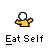 A pixelated character with a white spherical head and yellow body performs sequential eating motions above the text "Eat Self" on gray background.