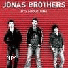 Red background with Jonas Brothers text and three figures; text changes from 'my' to 'my hotties' across frames.
