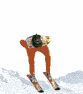 Six skiers in various poses on snowy terrain, each with distinct uniforms and equipment.