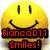 A yellow smiley face icon with red text reading "BiancaD11 Smiles!" overlaid on a pixelated cat image with green "LOL!" text and a black-and-white stick figure drawing with green "Cheese!" text.