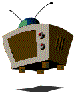 Pixelated retro TV with brown screen, two antennas, and four feet; white lines animate across the screen in sequence.