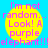 Yellow circular shape with pink text on blue background, repeated four times in a