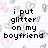 Pixelated text on a heart-patterned background with black and pink hearts, reading "i put glitter on my boyfriend so he would sparkle like edward <3".