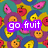 Pixelated fruit-themed pattern with overlapping colorful fruits and text labels in various colors.