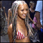 Four- shows a woman in different outfits: red-and-white striped bikini top, silver bikini top with black shorts, and red mesh top