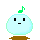 Four pixelated light blue spherical figures with brown bases, each displaying distinct facial expressions and musical note symbols above their heads.