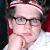 Pixelated close-up of a person wearing glasses and a red-and-white striped headband, resting their chin on one hand against a dark background with red accents.