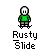 Animated contact sheet of a pixel art character performing various skateboarding actions on brown platforms with text "Rusty Slide" below each frame.