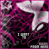 Pink and black graphic with swirling patterns, a white flower, and text reading "I WANT TO AWAY FROM HERE" in pixelated font.