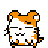A 3x3 contact sheet of nine pixel-art frames showing a hamster character with orange and white fur, black eyes, and small whiskers in various expressions and poses against a gray background.