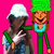 Two pixelated figures stand against a bright pink background; one wears a white helmet and green vest, the other has brown hair under a green hat with a wide grin.