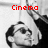 A black-and-white image of a person with dark hair and glasses, with red text reading "Cinema" above the head and "Life" below the head, and a gray on the right