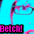 Pixelated icon with bright cyan background, pink and purple abstract shape resembling a stylized figure or object, bold pink text reading "Betch!" in black rectangular box at bottom.