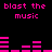 Black background with pink text and audio equalizer bars; text repeats 'blast the music' in pixelated font with varying bar heights.