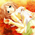 Pixelated image of a cartoon character with light brown hair, large black eyes, and an open mouth holding a white flower against warm orange-yellow background.