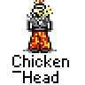 A 4x4 contact sheet of a pixel art animation featuring a chicken-headed character with yellow hair, gray torso, and orange flame-patterned pants against a solid gray background.