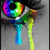 Rainbow-colored eye with tears streaming down, hands forming a heart shape, and a rainbow arc with text 'Tay' on a brown background.