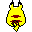 Pixelated yellow creature with black-tipped ears, red mouth and chest markings, dark lower body details on gray background.