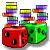 Pixelated static image of two large dice with stacked smaller blocks on top, rendered in bright primary colors against a white background.