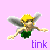 A 3x3 contact sheet of eight animated frames showing a pixelated fairy character with yellow hair, green dress, and white wings against a pink background, each labeled "tink" in purple text below the icon.