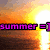 Pixelated sunset scene with orange and yellow sky gradient, dark brown ground, and purple text reading 'summer =' on a black bar.