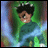 Pixelated cartoon character with dark curly hair and green outfit in three animated frames showing slight pose changes against a blurred background.