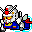 Pixelated character with checkered helmet, red nose, blue outfit, and yellow accents in three sequential poses against gray background.