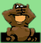 Brown cartoon monkey with orange face and black limbs sits against light green background, hands covering eyes in first frame then moving to sides of head in second frame.