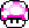 Pixelated mushroom-shaped icons with white caps and black stems, arranged in a showing color variations from pink to orange