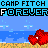 Pixelated red heart-shaped icons on a beach scene with blue water and sky, text repeating 'CAMP FITCH FOREVER' in black and white pixel font.