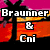 Four distinct pixelated display 'Brauner & Cni' text over varied backgrounds including pink, purple, and brown tones with tree silhouettes