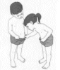 Two cartoon-style figures in swimwear stand close together; one figure leans toward the other while holding a small object.