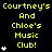 Yellow pixelated text reading "Courtney's And Chloe's Music Club!" repeated across a black background with white star icons, some of which change in number.
