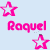 A split-screen animated contact sheet showing two frames of a buddy icon with the name "Roquel" in pink and white text on light blue and bright pink backgrounds, each frame containing four star symbols.