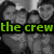A black-and-white group photo of five people with green text 'the crew' overlaid, showing two distinct poses where one person makes a peace sign in the lower-right pose.