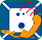 Animated icon shows a white tooth-shaped character with blue eyes and mouth, orange telephone receiver in hand, red motion lines on left frame, smiling face on right frame.