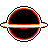 Pixelated circular icon with black center, orange and white ringed border, and horizontal white bar across middle on gray background.