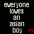Pixelated text reads 'everyone loves an asian boy' with red heart symbols on a black background, arranged in multiple