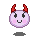Pixelated devil icon with red horns, black eyes, pink cheeks, and a smiling mouth on gray background.