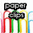 Pixelated text and colored paper clips arranged in two mirrored sections with black outlines on white background.