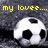 Yellow pixelated text reads 'my lovee....' above a white and black soccer ball on dark gray background.