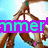 Pixelated image of a person in brown clothing holding an object against a light blue background with purple and cyan text overlay.