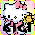 Pixelated Hello Kitty icon with pink bow, yellow eyes, and black nose holding sunflower-like object against pastel gradient background.