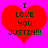 Two identical red heart-shaped icons with black text on a bright pink background, each displaying "I LOVE YOU JUSTIN!!!" in pixelated font.