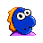 Pixelated cartoon character with blue body, large white eyes, orange hair, and purple base on gray background.